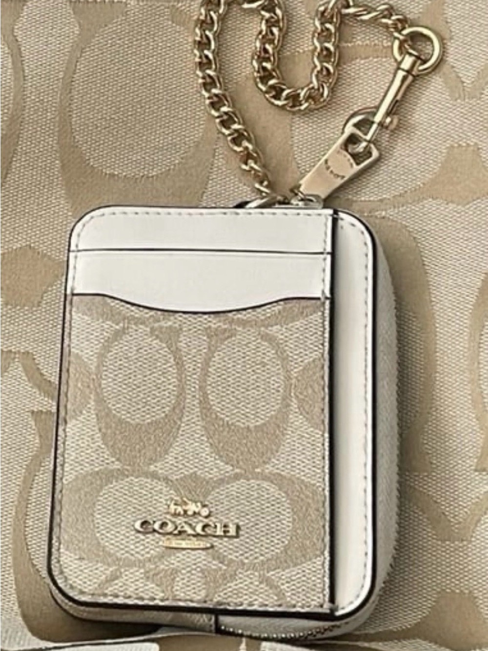 Coach Signature Card Case Wristlet in Khaki and White with Gold Hardware